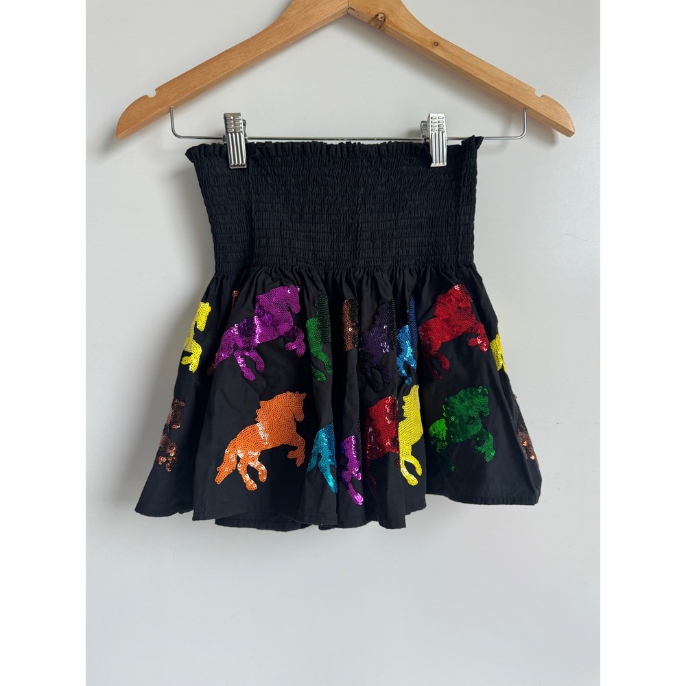 Queen of Sparkles Black Multi Horse Sequin Skirt Skort Smock Derby Equestrian XS